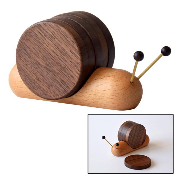 Stylish Cute Solid Wood Snail Coasters w/ magnet (4pcs+holder)